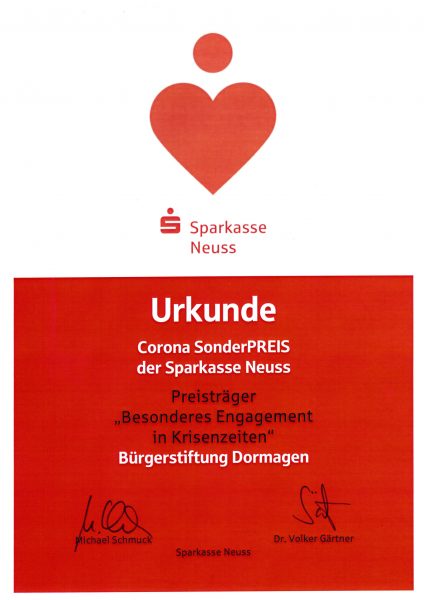Read more about the article Bürgerstiftung mit Corona-Sonderpreis der Sparkasse Neuss ausgezeichnet